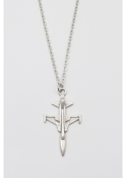 Modern F-5 Tiger Uçak Kolye - Düz Ezme Ithal Zincirli Unisex Gümüş Kaplama - 60 cm