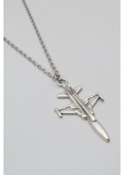 Modern F-5 Tiger Uçak Kolye - Düz Ezme Ithal Zincirli Unisex Gümüş Kaplama - 60 cm fiyatları