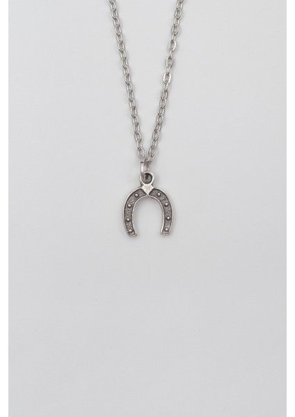 Şans Nalı Düz Ezme Zincir Kolye - Antik Gümüş Kaplama - Kadın Erkek - 60 cm