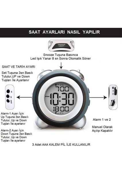 Beyaz Dijital Masa Saati, Zaman, Tarih, Çift Alarm ve LED Işık Özellikli