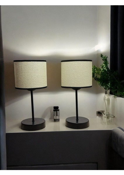 Ikili Beyaz Hasır Abajur Set, Salon ve Yatak Odası Için Rattan Şapkalı Tasarım