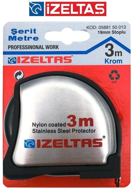 3 Metre Krom Stoplu Ölçüm Şeridi, Dayanıklı ve Kullanışlı Ölçüm Aracı