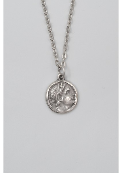 Yunan Antik Makedonya Kralı Büyük Iskender Düz Ezme Zincir Kolye - Antik Gümüş Kaplama - Kadın Erkek - 60 cm