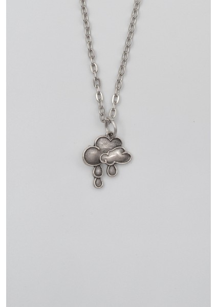 Bulut ve Yağmur Damlası Düz Ezme Zincir Kolye - Antik Gümüş Kaplama - Kadın Erkek - 60 cm