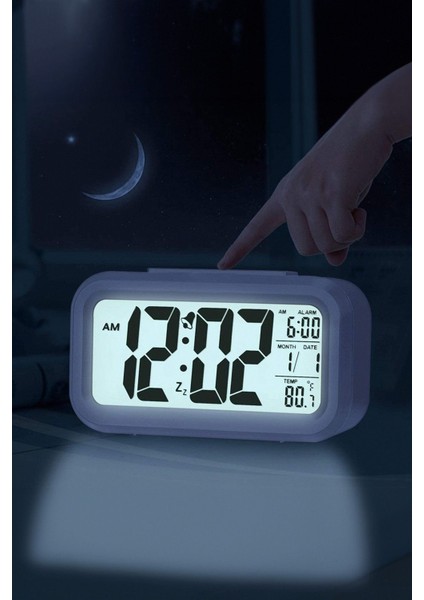 Fotoselli Dijital Masa Saati, Alarm, Işıklı Termometre, Takvim ve Çalar Özellikli Beyaz.