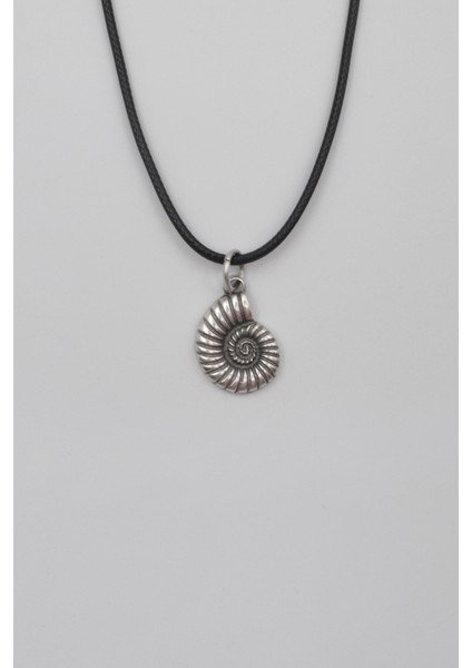 Spiral Deniz Kabuğu Siyah Deri Ip Kolye - Antik Gümüş Kaplama - Kadın Erkek - 60 cm