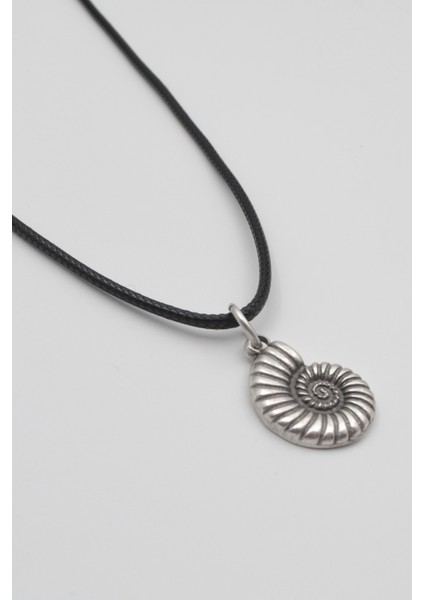 Spiral Deniz Kabuğu Siyah Deri Ip Kolye - Antik Gümüş Kaplama - Kadın Erkek - 60 cm fiyatları