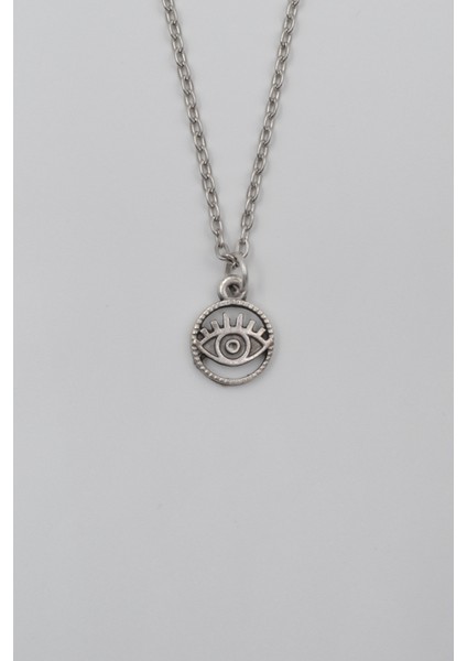 Minimalist Göz - Nazar Düz Ezme Zincir Kolye - Antik Gümüş Kaplama - Kadın Erkek - 60 cm