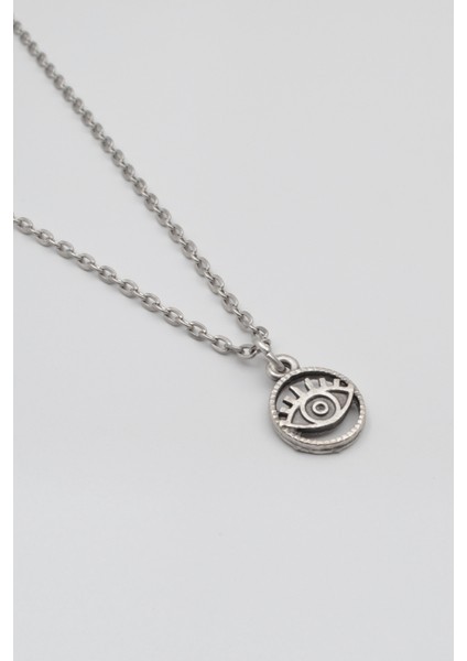 Minimalist Göz - Nazar Düz Ezme Zincir Kolye - Antik Gümüş Kaplama - Kadın Erkek - 60 cm fiyatları