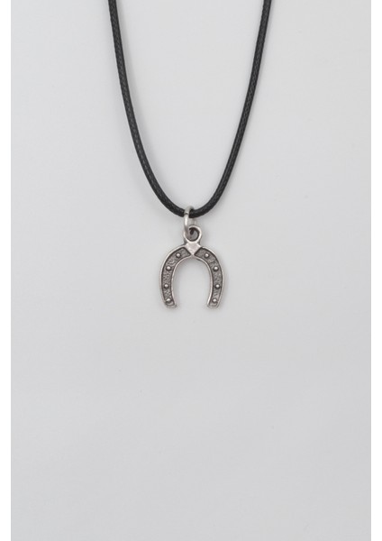 Şans Nalı Siyah Deri Ip Kolye - Antik Gümüş Kaplama - Kadın Erkek - 60 cm