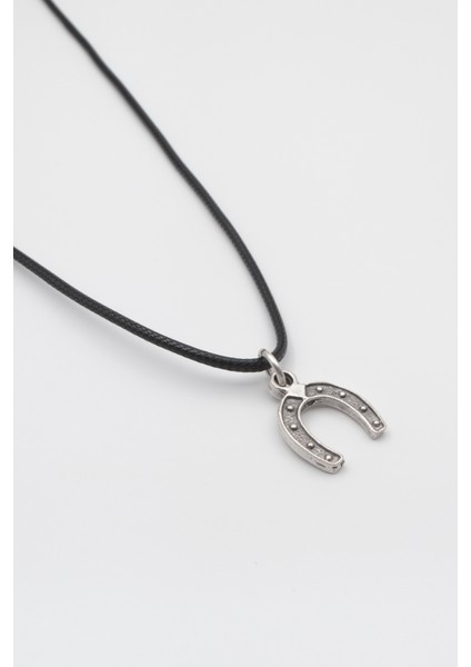 Şans Nalı Siyah Deri Ip Kolye - Antik Gümüş Kaplama - Kadın Erkek - 60 cm fiyatları