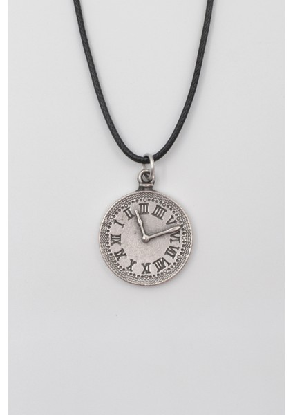 Antika Saat Siyah Deri Ip Kolye - Antik Gümüş Kaplama - Kadın Erkek - 60 cm