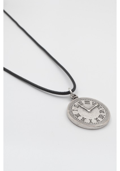 Antika Saat Siyah Deri Ip Kolye - Antik Gümüş Kaplama - Kadın Erkek - 60 cm fiyatları