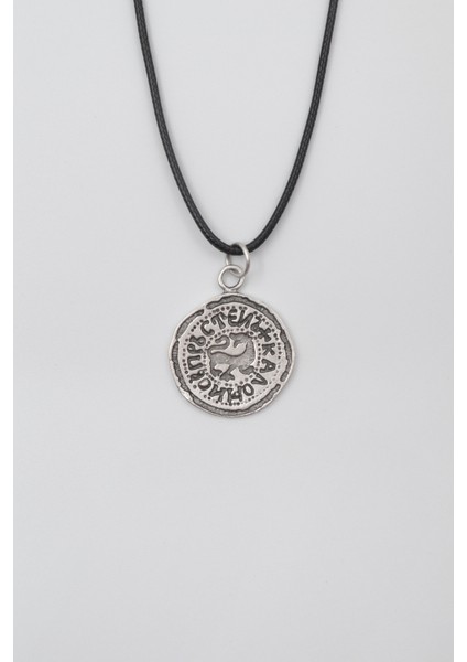 Kaloyan's Madalyon Siyah Deri Ip Kolye - Antik Gümüş Kaplama - Kadın Erkek - 60 cm