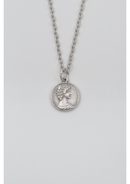 Ingiliz Kraliçe Iı. Elizabeth Düz Ezme Zincir Kolye - Antik Gümüş Kaplama - Kadın Erkek - 60 cm