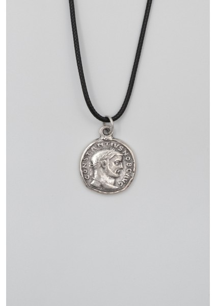 Antik Roma Dönemi Sikke Siyah Deri Ip Kolye - Antik Gümüş Kaplama - Kadın Erkek - 60 cm