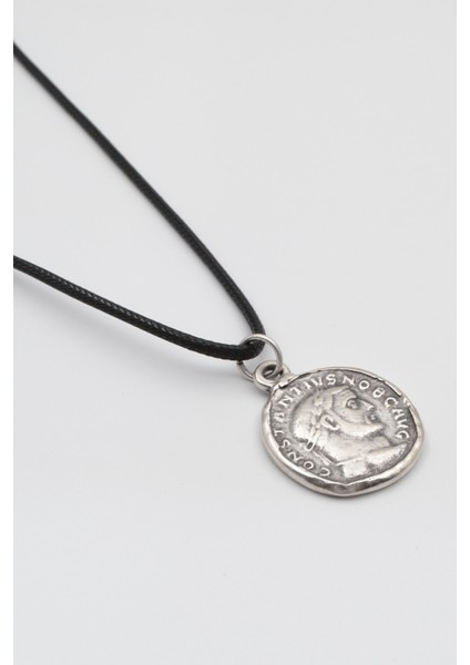 Antik Roma Dönemi Sikke Siyah Deri Ip Kolye - Antik Gümüş Kaplama - Kadın Erkek - 60 cm fiyatları