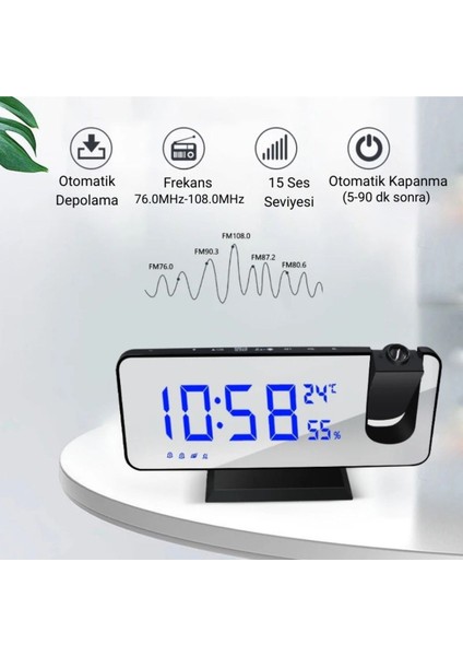 Projeksiyonlu LED Dijital Masaüstü Alarm Saati, Sıcaklık Göstergeli, USB Bağlantılı, Çok Renkli