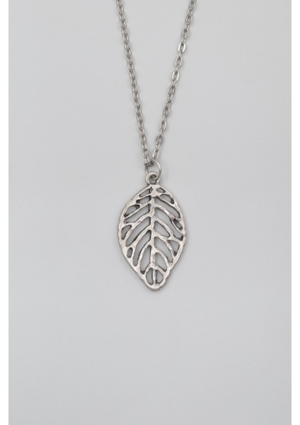 Yaprak Düz Ezme Zincir Kolye - Antik Gümüş Kaplama - Kadın Erkek - 60 cm