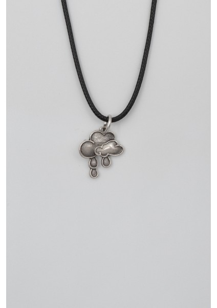 Bulut ve Yağmur Damlası Siyah Deri Ip Kolye - Antik Gümüş Kaplama - Kadın Erkek - 60 cm