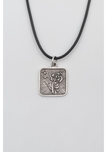 Otantik Gül Siyah Deri Ip Kolye - Antik Gümüş Kaplama - Kadın Erkek - 60 cm