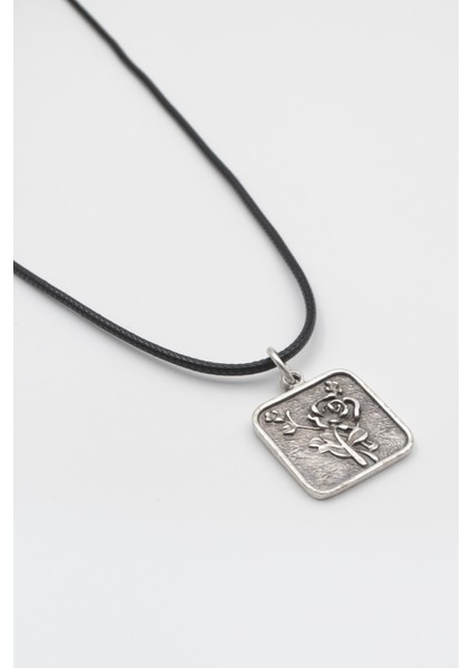 Otantik Gül Siyah Deri Ip Kolye - Antik Gümüş Kaplama - Kadın Erkek - 60 cm fiyatları