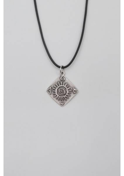 Güneş ve Göz Sembollü Siyah Deri Ip Kolye - Antik Gümüş Kaplama - Kadın Erkek - 60 cm
