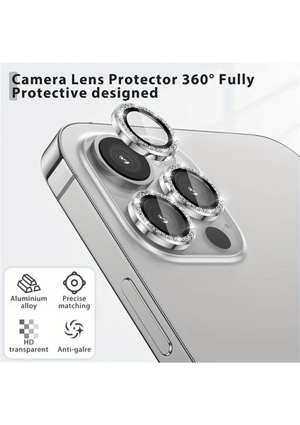 iPhone Uyumlu Gümüş Titanyum Taşlı Kamera Lens Koruyucu
