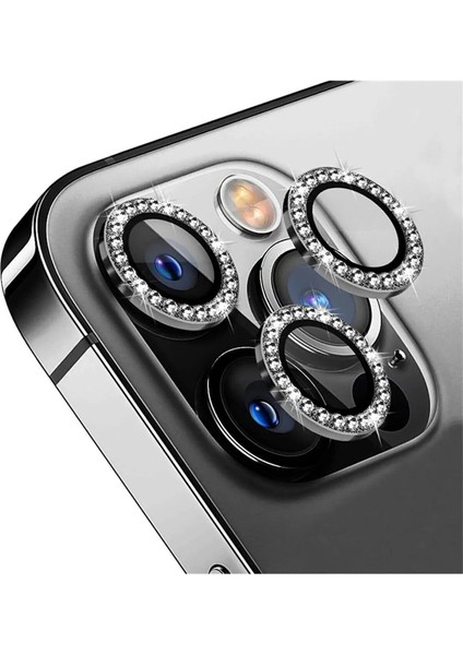 iPhone Uyumlu Gümüş Titanyum Taşlı Kamera Lens Koruyucu