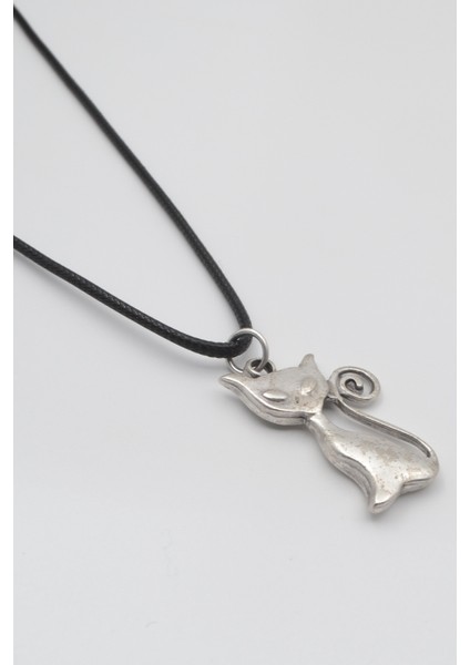 Mistik Kedi Siyah Deri Ip Kolye - Antik Gümüş Kaplama - Kadın Erkek - 60 cm fiyatları