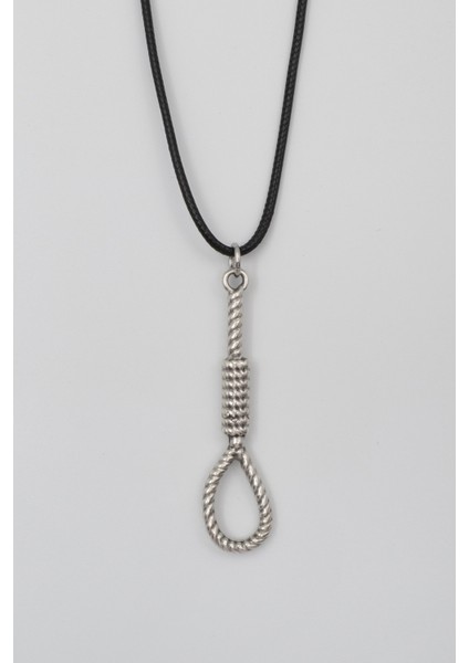 Halat - Urgan - Idam Düğümü Siyah Deri Ip Kolye - Antik Gümüş Kaplama - Kadın Erkek - 60 cm