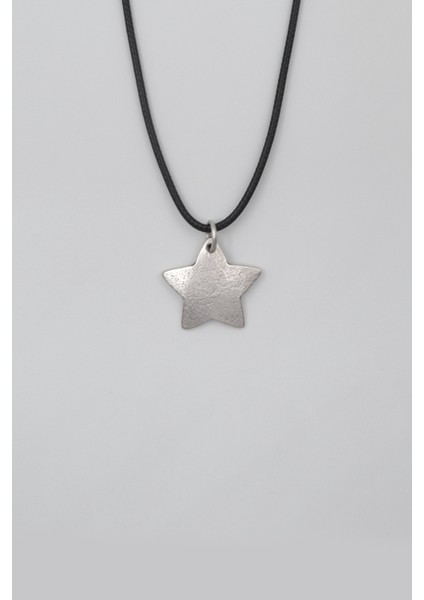 Yıldız Siyah Deri Ip Kolye - Antik Gümüş Kaplama - Kadın Erkek - 60 cm