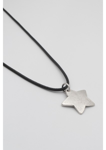 Yıldız Siyah Deri Ip Kolye - Antik Gümüş Kaplama - Kadın Erkek - 60 cm fiyatları
