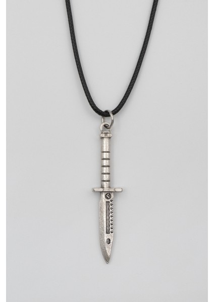 Testere Dişli Taktik Bıçak Siyah Deri Ip Kolye - Antik Gümüş Kaplama - Kadın Erkek - 60 cm