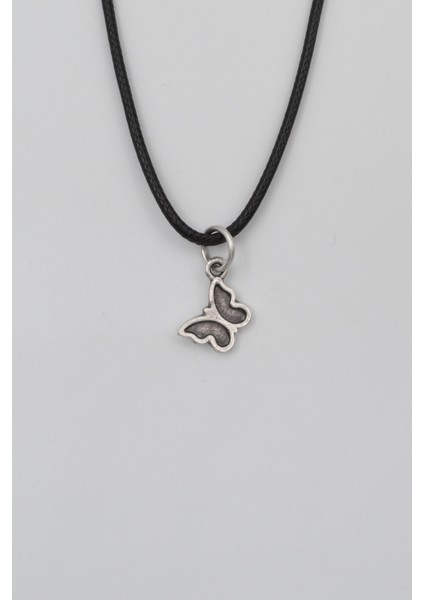 Minimalist Kelebek Siyah Deri Ip Kolye - Antik Gümüş Kaplama - Kadın Erkek - 60 cm