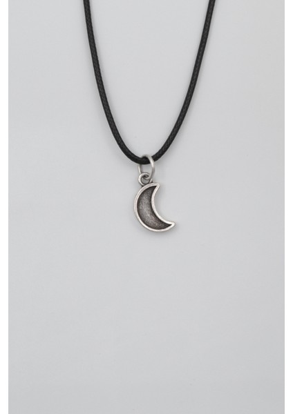 Minimalist Ay Siyah Deri Ip Kolye - Antik Gümüş Kaplama - Kadın Erkek - 60 cm