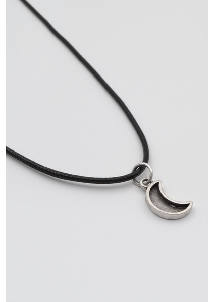 Minimalist Ay Siyah Deri Ip Kolye - Antik Gümüş Kaplama - Kadın Erkek - 60 cm fiyatları