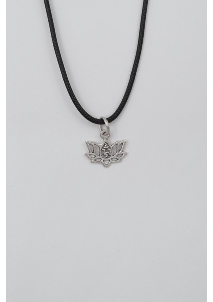 Minimal Om Sembollü Lotus Çiçeği Siyah Deri Ip Kolye - Antik Gümüş Kaplama - Kadın Erkek - 60 cm