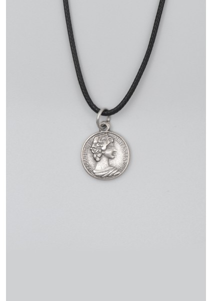 Ingiliz Kraliçe Iı. Elizabeth Siyah Deri Ip Kolye - Antik Gümüş Kaplama - Kadın Erkek - 60 cm