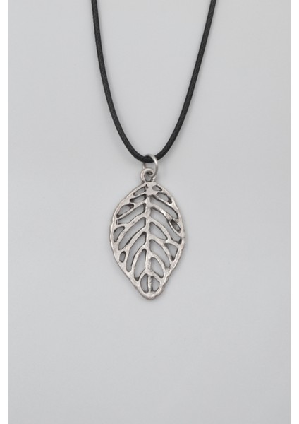 Yaprak Siyah Deri Ip Kolye - Antik Gümüş Kaplama - Kadın Erkek - 60 cm