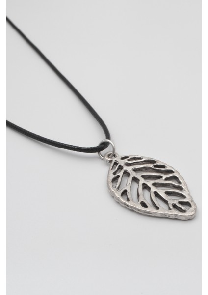 Yaprak Siyah Deri Ip Kolye - Antik Gümüş Kaplama - Kadın Erkek - 60 cm fiyatları
