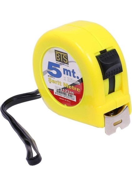 25 mm x 5 M Sarı Kilitli Askılı Şerit Metre, Dayanıklı ve Kullanışlı Ölçüm Aracı