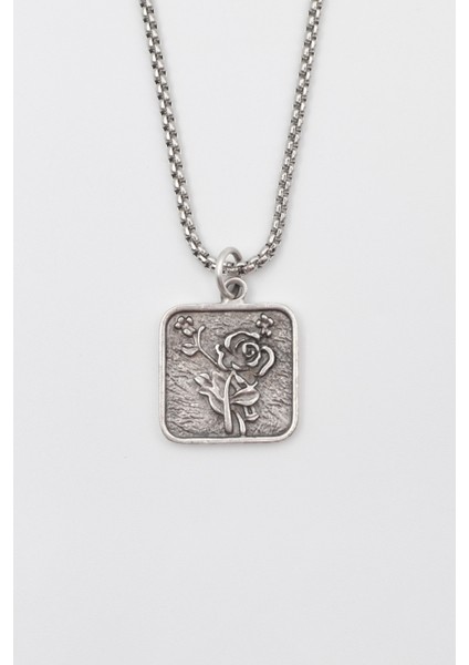 Otantik Gül Örme Zincir Kolye - Antik Gümüş Kaplama - Kadın Erkek - 60 cm