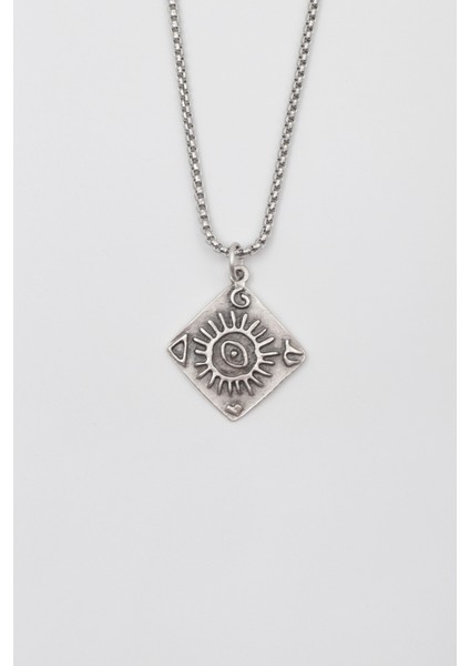 Güneş ve Göz Sembollü Örme Zincir Kolye - Antik Gümüş Kaplama - Kadın Erkek - 60 cm