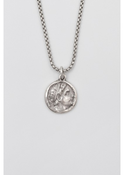 Yunan Antik Makedonya Kralı Büyük Iskender Örme Zincir Kolye - Antik Gümüş Kaplama - Kadın Erkek - 60 cm