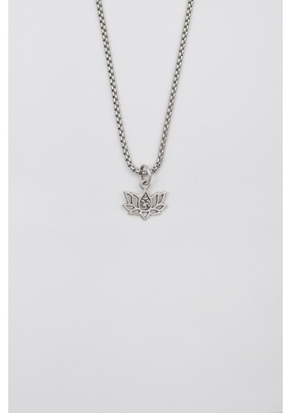 Minimal Om Sembollü Lotus Çiçeği Örme Zincir Kolye - Antik Gümüş Kaplama - Kadın Erkek - 60 cm