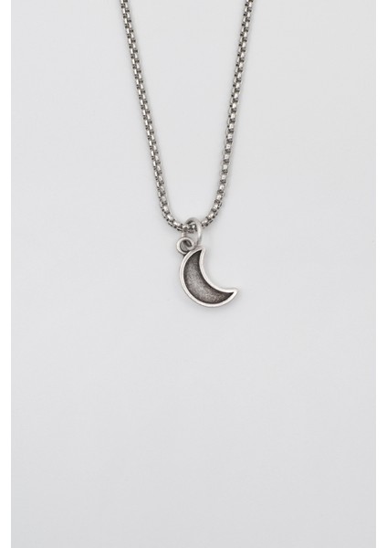 Minimalist Ay Örme Zincir Kolye - Antik Gümüş Kaplama - Kadın Erkek - 60 cm