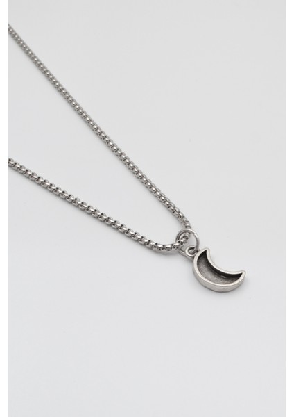 Minimalist Ay Örme Zincir Kolye - Antik Gümüş Kaplama - Kadın Erkek - 60 cm fiyatları