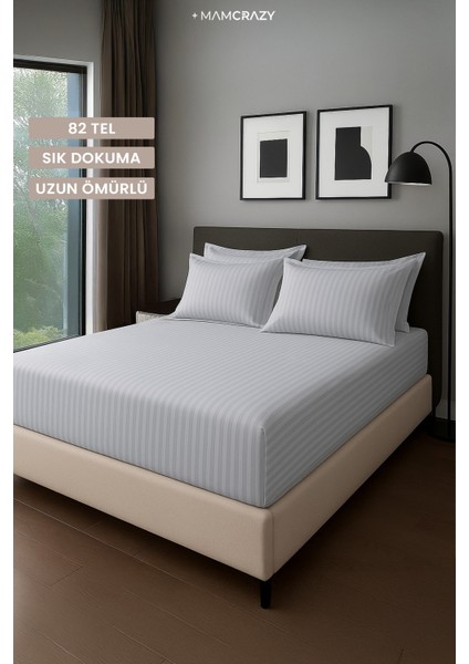 Satin Stripe %100 Pamuk Saten Tek Kişilik Çizgili Lastikli Çarşaf Seti Yastıklı 120X200+30