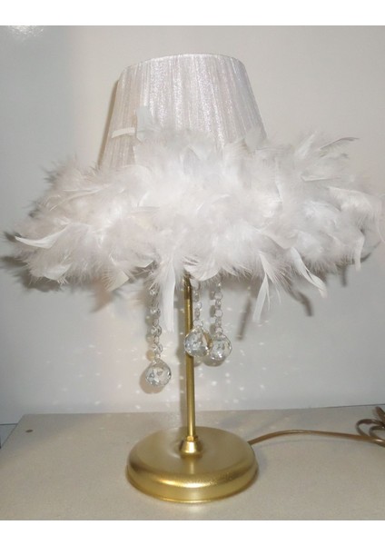 Beyaz Tüylü Taşlı Yatak Odası Abajuru, Metal Ayak, Şık ve Rahat Ortam Için Ideal Seçim fiyatları